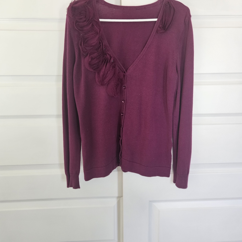 Daisy Fuentes Plum Ruffle Floral Appliqué Cardigan - Small